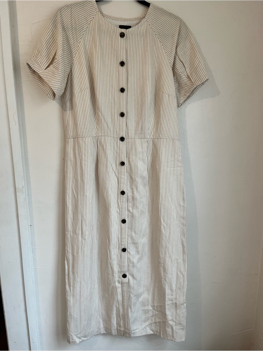 Ann Taylor Cream and Beige Striped Button-Front Midi Dress